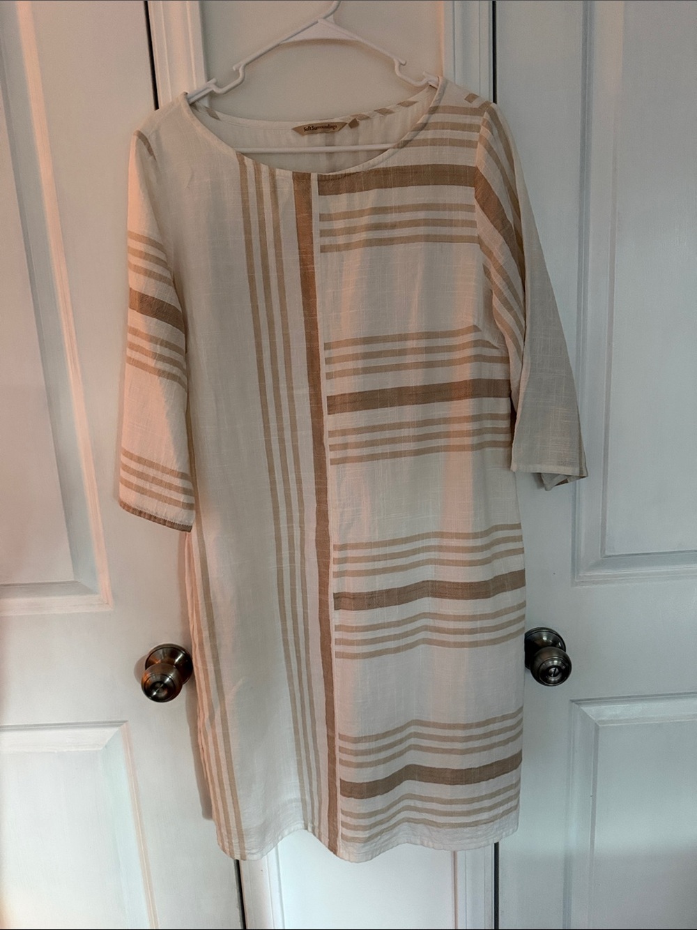 Soft Surroundings Cream Shift Dress with Tan Stripe